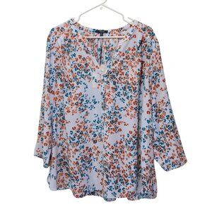 NYDJ 3/4 Perfect Blouse DELICFLUVA Floral Print Split V-Neck Button Front 3/4...